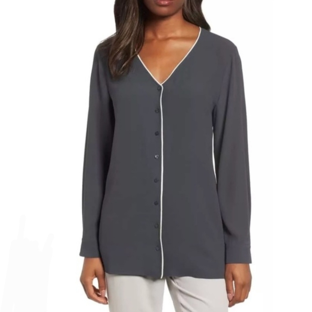EILEEN Fisher Graphite Silk Georgette Vneck Button-Up Blouse Size Small- NWOT